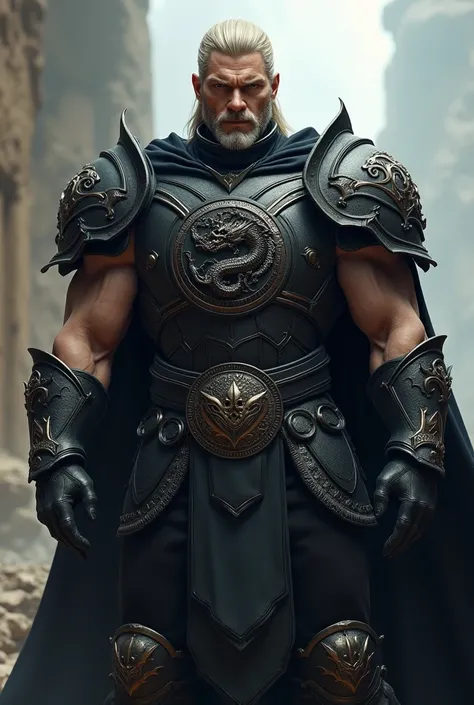 Man, muscular, silver-gold hair, black armor,  dragon symbol