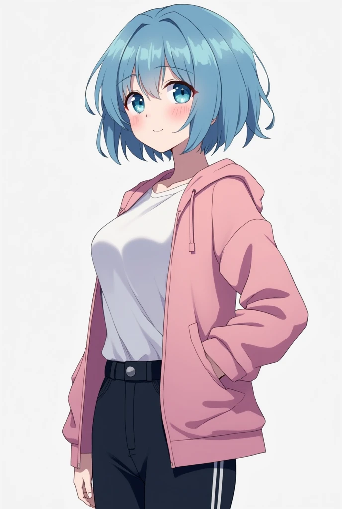  16-year-old girl short sky blue hair ,  white skin ,  sky blue eyes , small breasts legs and big ass,  white shirt and black pants with a vertical white line, short pink long sleeve jacket , that you are happy