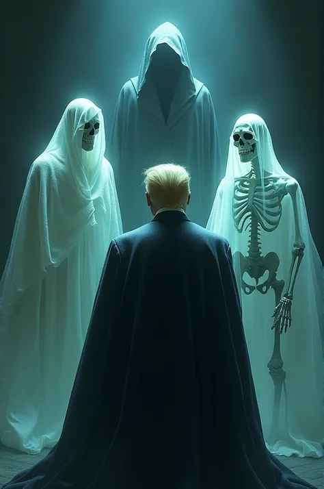 A surreal and eerie scene featuring the three ghosts of Christmas Past, Present, and Future haunting former President Trump. The lighting is dim and ghostly, with faint, ethereal glows emanating from each spirit. The composition frames the figures in a ten...