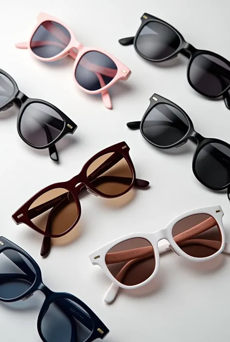 "Create a clean, professional, and visually appealing image for a banner showcasing a variety of sunglasses. The sunglasses should be arranged in a beautiful and presentable way, with different designs for both men and women. Include a mix of modern, styli...