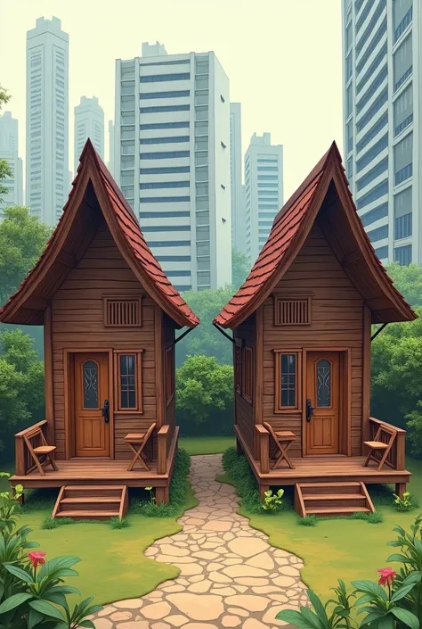  Draw two wooden houses typical of the Betawi tribe as in the soap opera  "Si Doel Anak Skolahan ".  The first house is at the right end , the second house is at the left end .  Behind both houses can be added illustrations of densely populated settlements...