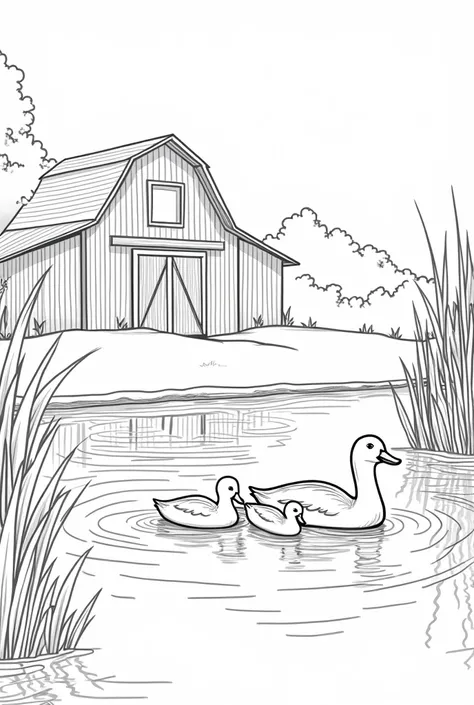 A duck family swimming in a pond near a barn, surrounded by cattails, in a simple line art style for coloring.