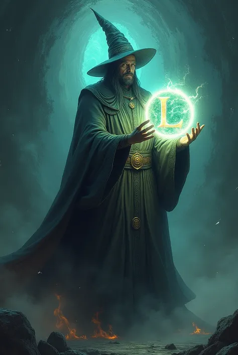 a wizard with a ball with the letter l in it