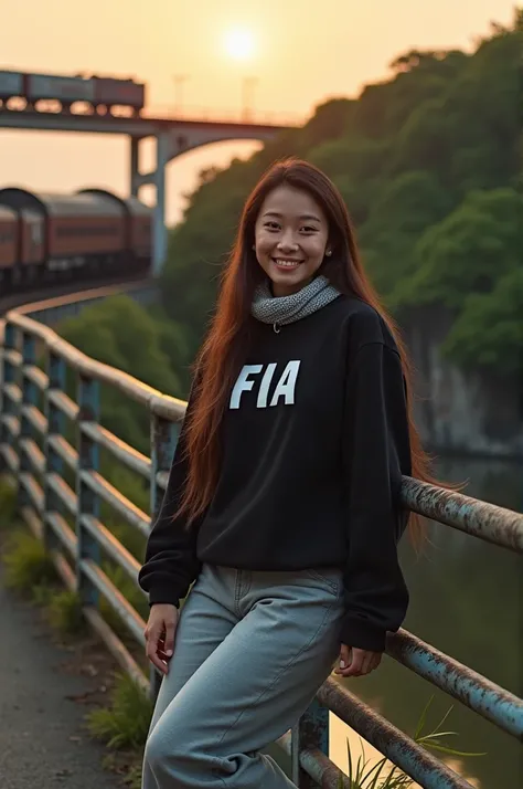  Quick remake of old ..

Khodam  :

 Professional photography captures the entire body of a long-haired Indonesian woman ,  wearing a black sweatshirt with logo  "Fia",  casual grey trousers ,  scarf around her neck , sneakers,  He leans casually against a...