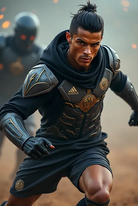 Battle Begins
Image of Cristiano Ronaldo, wearing a sleek black and silver armor with intricate designs, his hair slicked back, and his eyes blazing with intensity, with a focused expression, charging towards the shadow guardian, his legendary soccer skill...