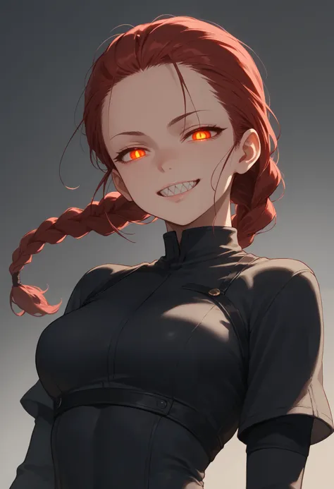 solo, 1girl, skinny, androgynous, looking at viewer, red hair, ponytail, braided ponytail, large breasts, mid movement, dynamic pose, forehead, half-closed eyes, glowing eyes, thin eyes, sanpaku, looking down at the viewer, parted lips, shaded face, sharp ...