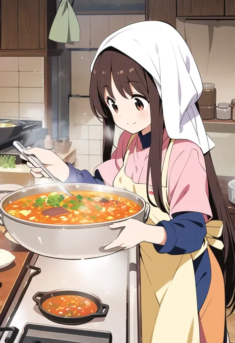  top quality 、 One Girl 、Tiny breasts、 shiny dark brown hair 、 long straight hair、Wrap a cooking cloth around your head、Rural Areas、  page color apron 、kitchen、Making soup  、smile