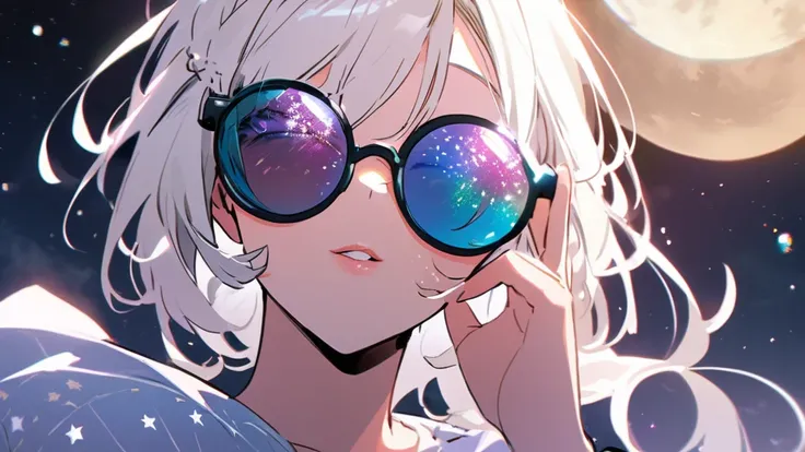 The model is wearing glass sunglasses with stars and the moon on the glass