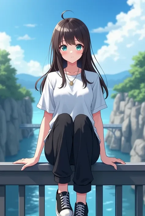  you can make an 18-year-old girl ,  white skin ,  dark brown hair length to the waist,  sky blue eyes, camisa blanca,  black pants ,  black sports shoes,That she is sitting on the railing of a bridge, anime style  