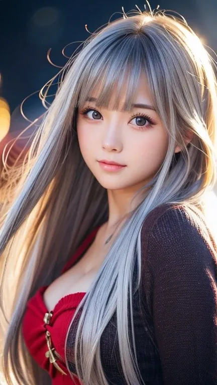  cute beautiful girl  , Christmas costumes、Beautiful and sexy face、  Strong wind blows hair in front of your face 、Cute long haired silver hair ,  sexy eyes hidden in long bangs .、Christmas