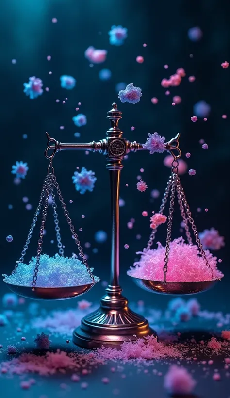 An unbalanced scale of hormones, with one side much heavier than the other. Hormone molecules are scattered around the scale, floating in mid-air, in various forms and sizes. The molecules are glowing in shades of blue and pink, creating a chaotic and dyna...