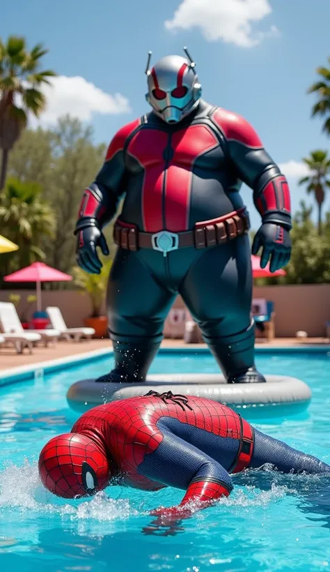 "A comedic battle scene at a swimming pool featuring an extremely overweight character resembling Spider-Man lying defeated on the poolside, with their stretched red-and-blue suit soaked, torn, and tightly clinging to their round body, surrounded by splash...