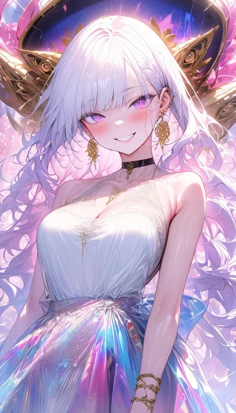 masterpiece, Highest quality, whole body, One girl, bangs, black choker, blush, bracelet, chest, choker, clothes The surrounding area waist, clavicle, Cowboy Shot, ear Earrings, Eyebrows visible through hair, Gradient Hair, Grin, fix, jewelry, Kogal, Long ...