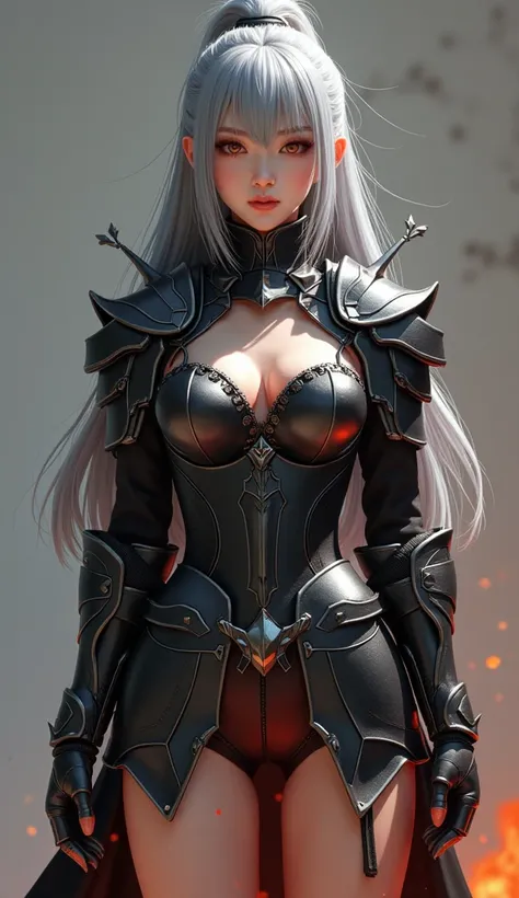 A Japanese woman ，20 years old， realism 8K ， exquisite face 8K ，Showing the full body ， Grey White Hair ， hot body ，Busty Big Chest ， Bursting Breast ，Dark Knight ， Flame Color with Black Blended Knight Style Low Chest Tight Metal Armor Dress Shorts，Comple...