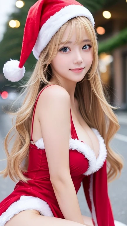  cute beautiful girl  , Christmas costumes、Beautiful and sexy face、  Strong wind blows hair in front of your face 、cute long haired blonde,  sexy eyes hidden in long bangs .、Christmas