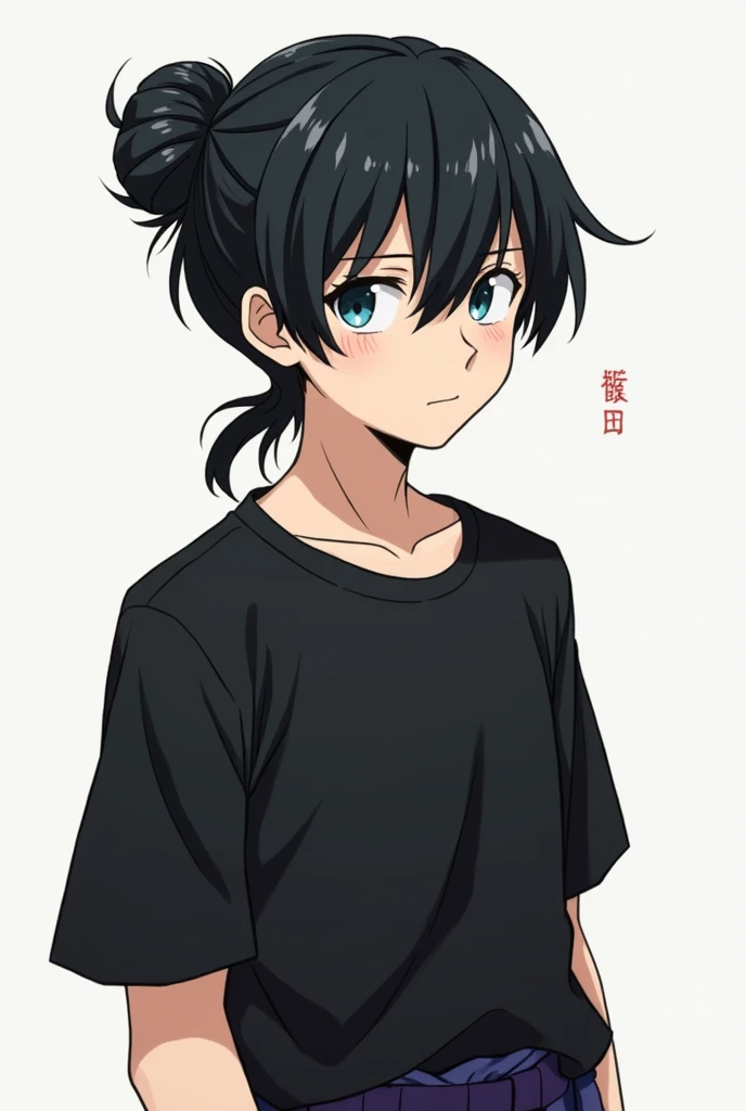 Create a 17-year-old with black hair, light blue eyes, medium hair and a short fringe tied at the back with a samurai bun. He wears a long black t-shirt, has a well-trained body and wears oriental pants with the Hunter x Hunter anime style design and has a...