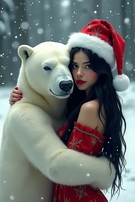 Christmas scenario in the snow with a polar bear hugging a woman with long straight black hair wearing a Santa Claus hat and red dress with a fleshy mouth with red lipstick black eyes arched eyebrow and nose piercing 