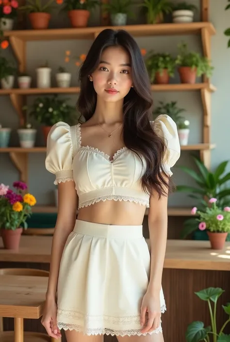 Young woman, light-medium complexion, mid-20s, posing in a  floral-themed cafe.  She wears a cream-colored, puff-sleeve, short-cropped top with a delicate lace trim at the bottom. The top is paired with cream-colored mini skirt, also with lace trim.  Her d...