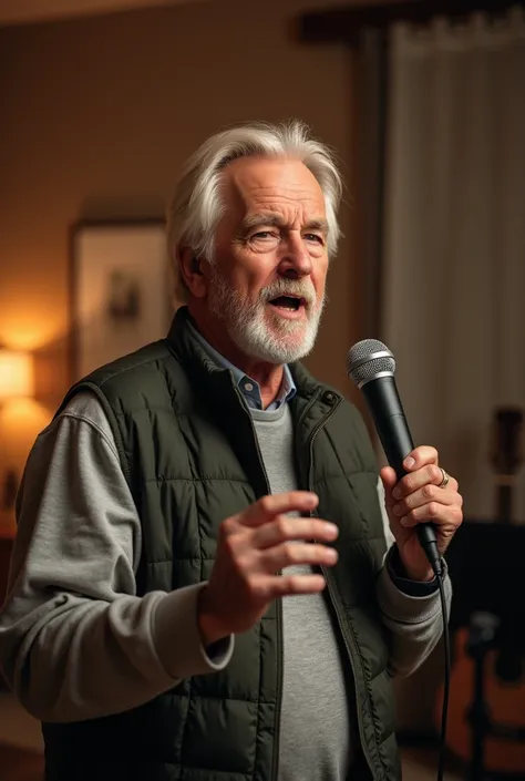 "Edit this photo of a 56-year-old man with brown and slight wrinkle skin white hair and slightly chubby cheeks to show him holding a microphone and singing in his room, with a warm and cozy background.

"Add a microphone to the mans hand, and edit his expr...