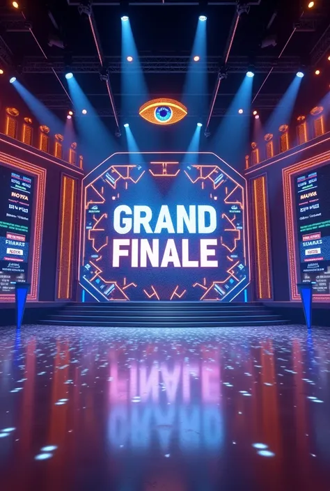 A grand finale stage with a glamorous and futuristic design featuring sparkling lights, geometric patterns, and a vibrant digital backdrop. The backdrop displays the words "GRAND FINALE" in bold letters along with a prominent eye symbol, surrounded by spon...