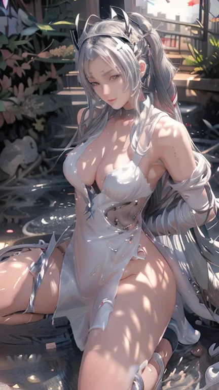 masterpiece, High quality anime illustration ,  super detailed ,  a girl , solo focus ,  Beautiful girl with silver hair cat ears, Anime Change, Cat-eared loli, Thigh focus, Good Buster,  Bathing in a desert oasis , Soaked