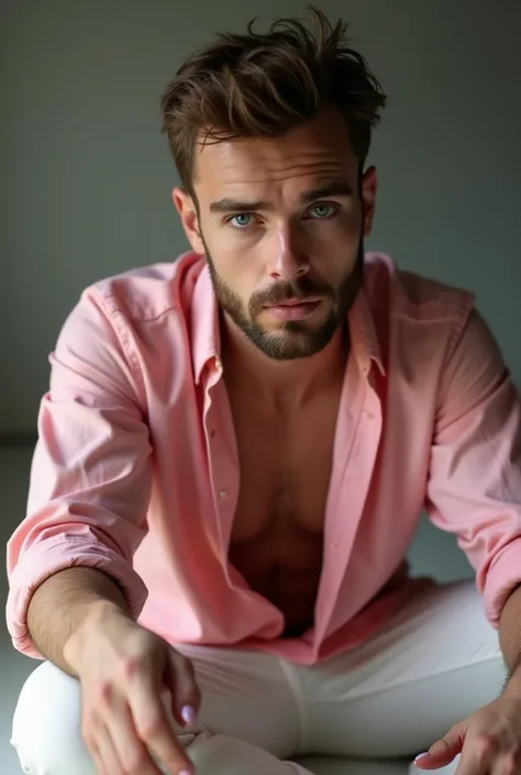 man in dress, handsome man, has beard, blue hair, blue eyes, big eyes, shiny eyes, wearing pink unbuttoned shirt and white pants, long pink nails, sitting on the floor, sexy women in the background, light background, shows hands, shows hand, highlighted si...