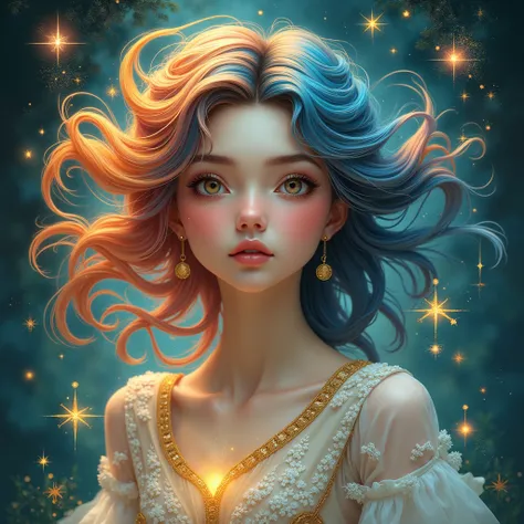  Create an image of what the Gemini zodiac sign would look like in a beautiful human girl full of magic and color, and that your animal represents the Gemini sign 