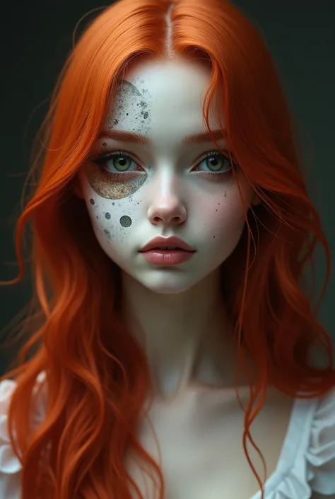 Hey , make an image of girl with long red hair , not light red , dark green eyes , white skin , she should be white dress , oval beautiful face. Half of her face should be moon , and another half human face , I mean half moon -faced , half human - faced . ...