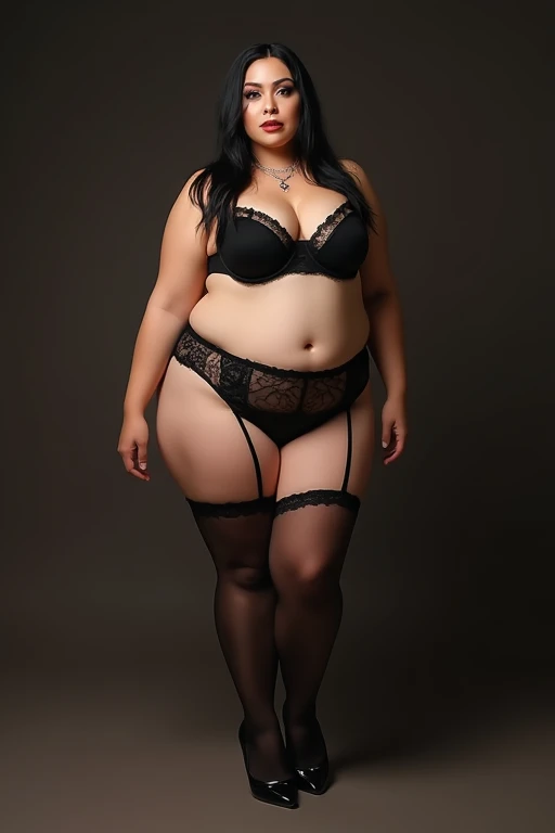 ((Bbw)), ((plumpy woman)), ((tall)), ((milf)), puffy cheeks, plump face, (caucasian), long black straight hair, beautiful, big boobs, wide hips, (wearing a lingerie and black stockings with small black heels), lipstick, eyeshadow, (realistic masterpiece)