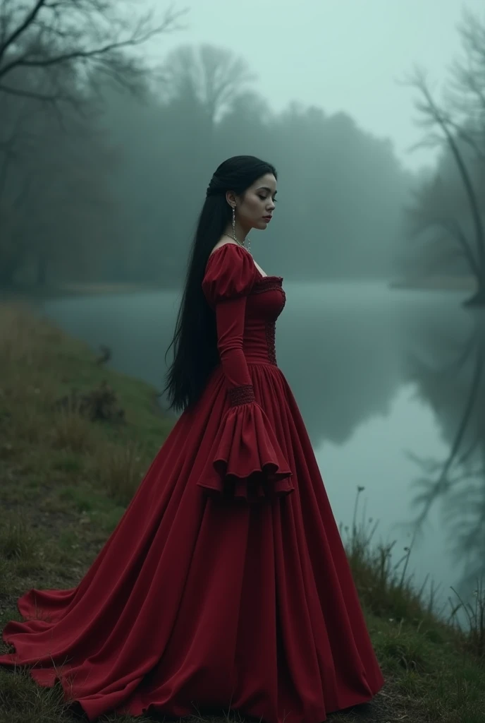  A woman with a beautiful face ,  wearing a red-colored Victorian dress , (obscure), (  Gothic) , (Photocinegmatographic) With fog, big breasts, ( Dont be so thin)  straight black hair, with long sleeves ,  walking near a lake in the woods, ( Dressed up) ,...