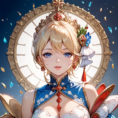 (( top quality )), ((masterpiece)), ( Details), （ perfect face）、Blonde Europa is wearing a gorgeous and beautiful Chinese dress