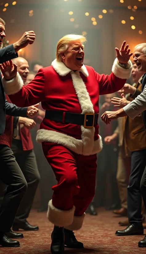 Hyperrealistic Christmas card showing Donald Trump, dressed as Santa Claus, dancing drunk and happy, very drunk. Surrounded by very drunk people. Funny and sarcastic image. Super resolution, super quality, volumetric lights.
