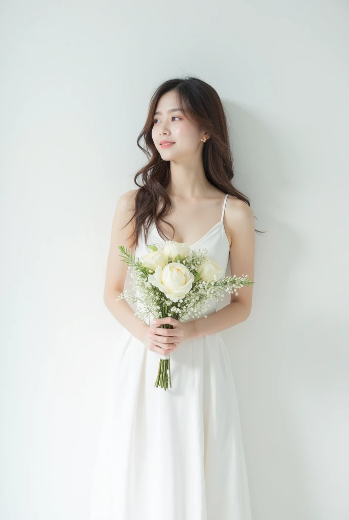 Woman wearing a white dress and holding a bouquet of flowers, Hyunhwa Choi, Lee Ji-eun, Lee Ji-eun, Nam Jaehyun, In front of a white background ,  Hwang Seon , jimin park, Inspired by , Shin Min-jeong, Se-seon Yoon, Song Hye-kyo ,  pictorial , Kwak Ji-youn...