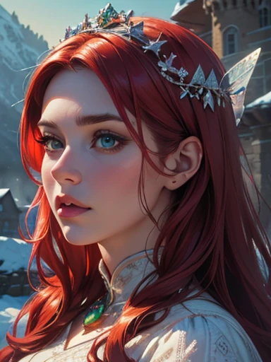 1 woman, A great, awe-inspiring, 30 years old woman with a winter castle in the background, orror, The goddess of Moran this, red hair, green eyes, full height, winter, cold, detailed whimsical winter and castle, detailed fairy tale illustration, horror st...