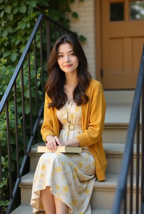 Young woman, light-skinned, mid-20s, seated on a stair railing, looking directly at the camera.  She wears a mustard yellow cardigan,  a midi-length, cream-colored, floral-print dress, and light-beige sandals. Her hair is long and dark brown, styled in loo...