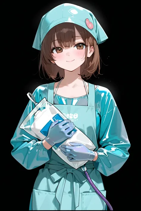   girl, ((Wear gloves)), ((lavender latex gloves)), ((sterilization bag )), ( adjustable gloves  ), (  apron), (Wearing denim), (  Long Sleeve  ), smile,   brown eyes