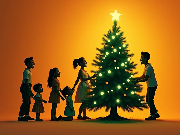 generate an image of a green Christmas tree with lights on an orange gradient background, and a black family around the tree and decorating the Christmas tree, with happy and smiling faces. realistic, photographic