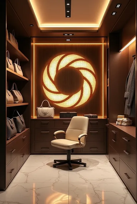 A handbag closet store, with a glowing ring wallpaper logo, representing AZILA LUXURY COLLECTION, with a reception having an office chair, nice interior designed