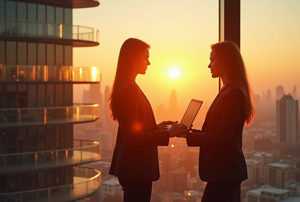  Bright sunsets and urban vibes symbolizing the future of investment and real estate trusts 、 Confident young women in sophisticated suits 、 The golden glow is reflected in the building 、 Views of modern offices and cities 。 Beautiful cityscapes in harmony...