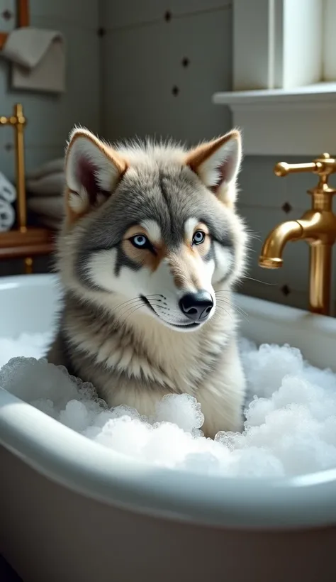 A super cute and ultra realistic wolf ,  with dense and soft fur in shades of gray and white ,  is sitting in a tub filled with foam ,  taking a relaxing bath . the wolf,  with a calm and adorable expression ,  is surrounded by soap bubbles ,  with some of...