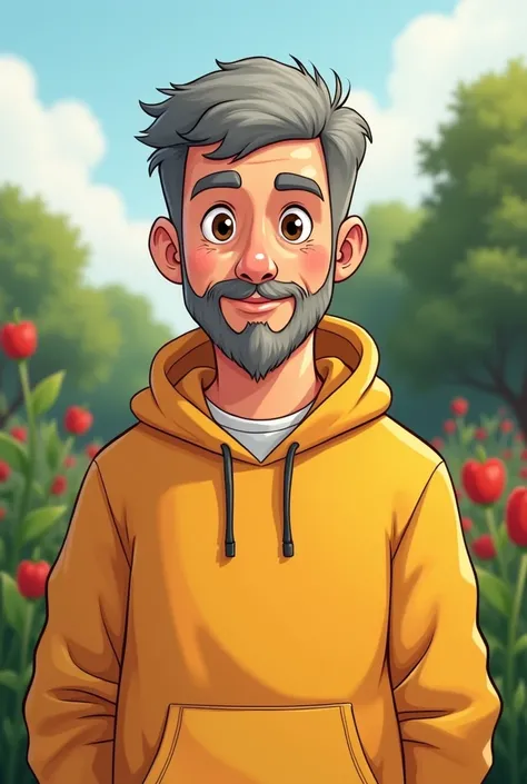 Create a cartoon of my husband please: he is 45 years old, round face, short gray hair and brown eyes .  The nose is small and flat . Dont wear a beard.  Wears a roasted yellow hooded sweatshirt. Do you like to take care of the vegetable garden?.