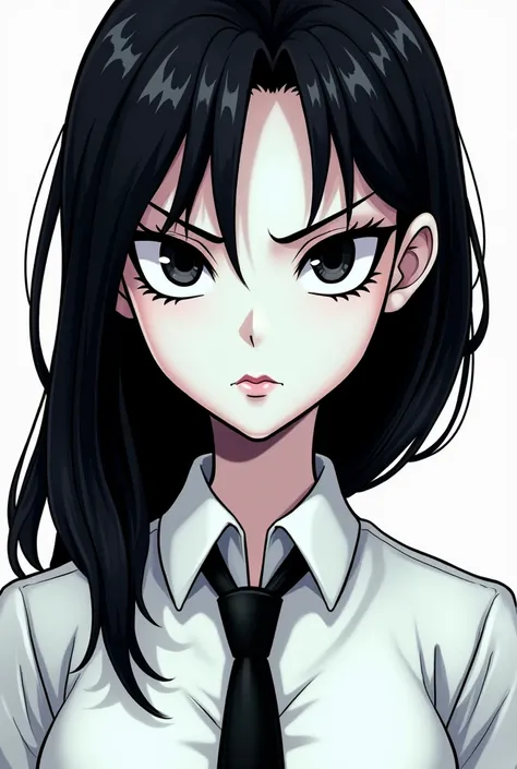 A close-up of the cartoon character Marceline, the queen of vampires, wearing a white shirt and a black tie. She looks very much like a human being with a white background and looks a little fierce 