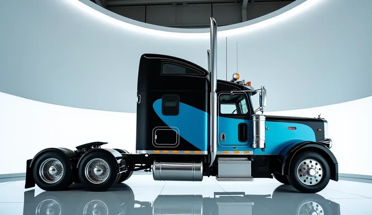 "A side view of a modern and sleek semi-truck with a two-tone black and sky-blue color combination. The truck features polished chrome accents, large wheels with shiny metallic rims, dual vertical exhaust stacks, and a spacious cabin with aerodynamic lines...