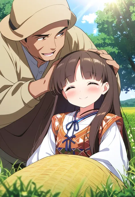  top quality 、 One Girl 、One Man、A man strokes a girls head 、Tiny breasts、 shiny dark brown hair 、 long straight hair、Rural Areas、Villager clothes 、field、smile、A little blush、The sun shines in