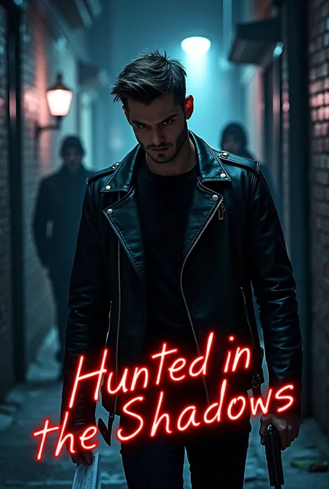 "A dark and suspenseful alley scene with Alex in the foreground, wearing a black leather jacket, his face showing intense determination and fear. He holds a gun in one hand and a cryptic note in the other, with the words Trust No One slightly visible. In t...