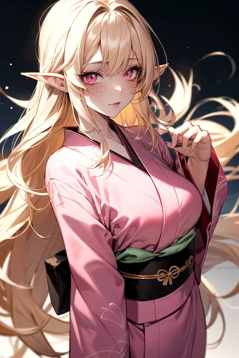 A cute half-elf lady She has vary long bright blonde hair and pink tips, pink eyes. She has freckles, wear pink kimono