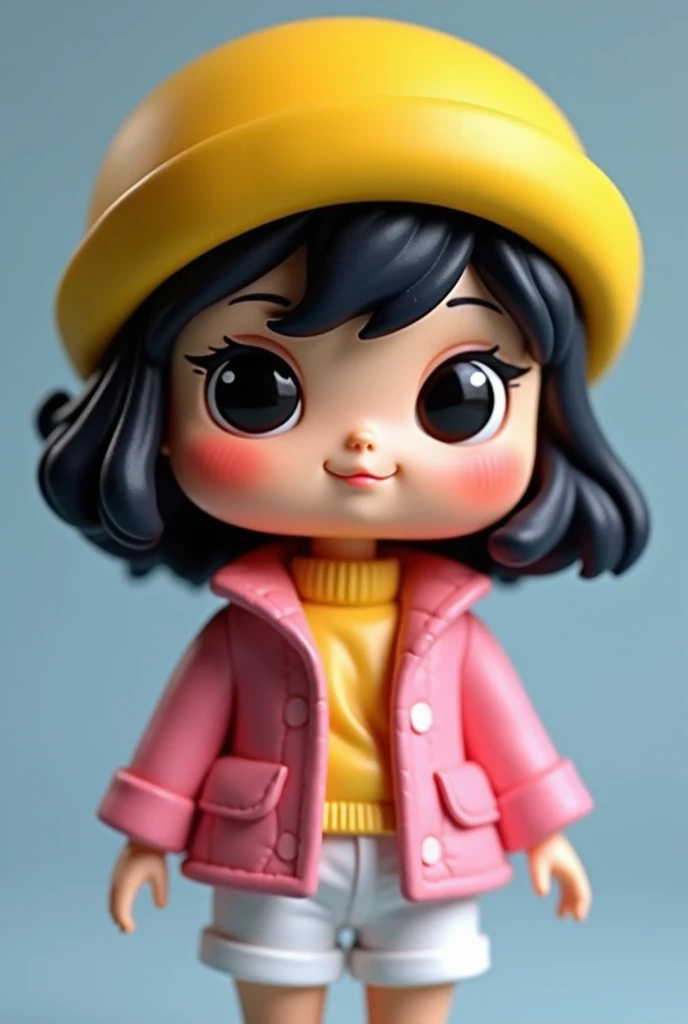 Funko dark-haired doll in a yellow hat, pink coat, white shorts 