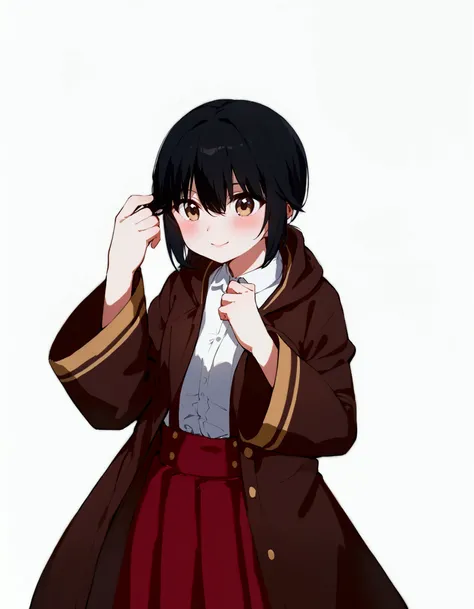 anime girl in a red skirt and light brown coat with a white shirt, anime style character, black - haired mage, young anime girl, female anime character,looking at her hair, blush with little smile. 23 years old anime girl character