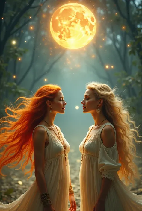 It creates an image of two women, one with reddish hair and the other with yellow hair, who are holistic masters with great experience and work with the mysteries of the Sun and the Moon. 