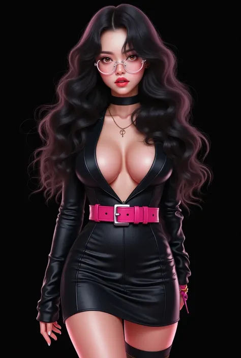 A realistic kpop girl in long black curly hair,wearing a transparent eye glases,  Brown eyes,  wearing black leather mini frock dress,  a pink  belt on her chest ,  long black skinny socks and pink boots plain black background